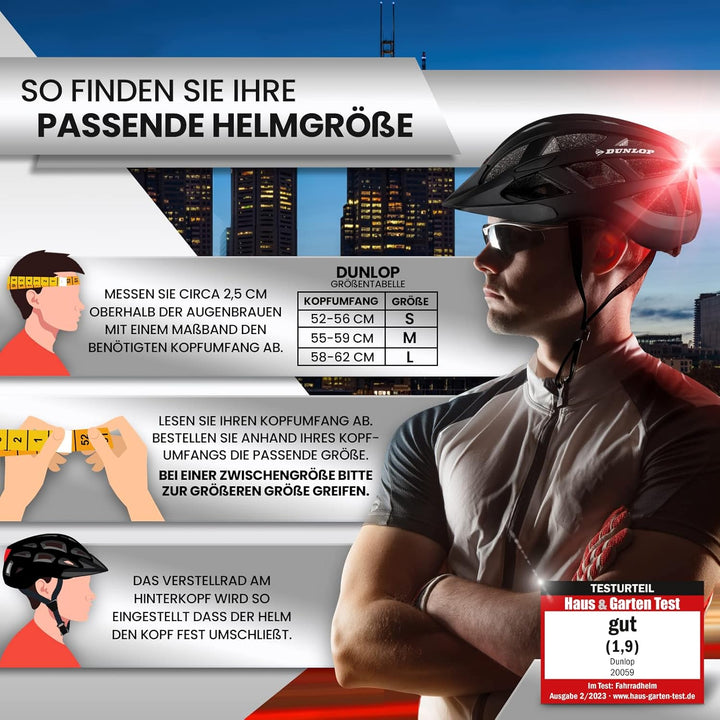 Dunlop Sports Fahrradhelm mit Licht - Sofort gesehen Werden - Ultraleichter Spezial Damen Herren Kin