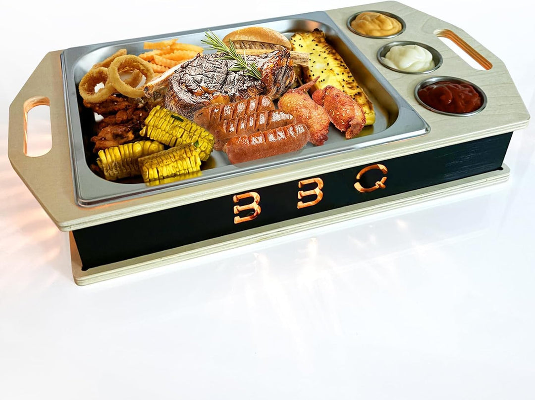 Fleischwarmhalter fürs Grillen, BBQ Board mit Edelstahl Schälchen, Umweltfreundliche Materialien, Gr