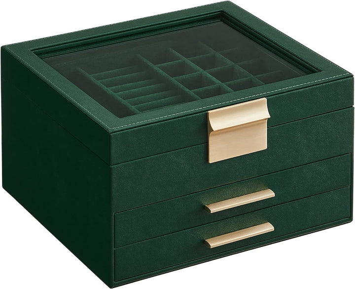 SONGMICS Schmuckkästchen, Schmuckkasten mit 3 Ebenen, Schmuckbox mit Glasdeckel, 2 Schubladen, Schmu