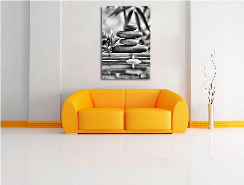 Pixxprint Monocrome, Seerose mit Zen Steinen und Kerzen, Format: 100x70 auf Leinwand, 100x70
