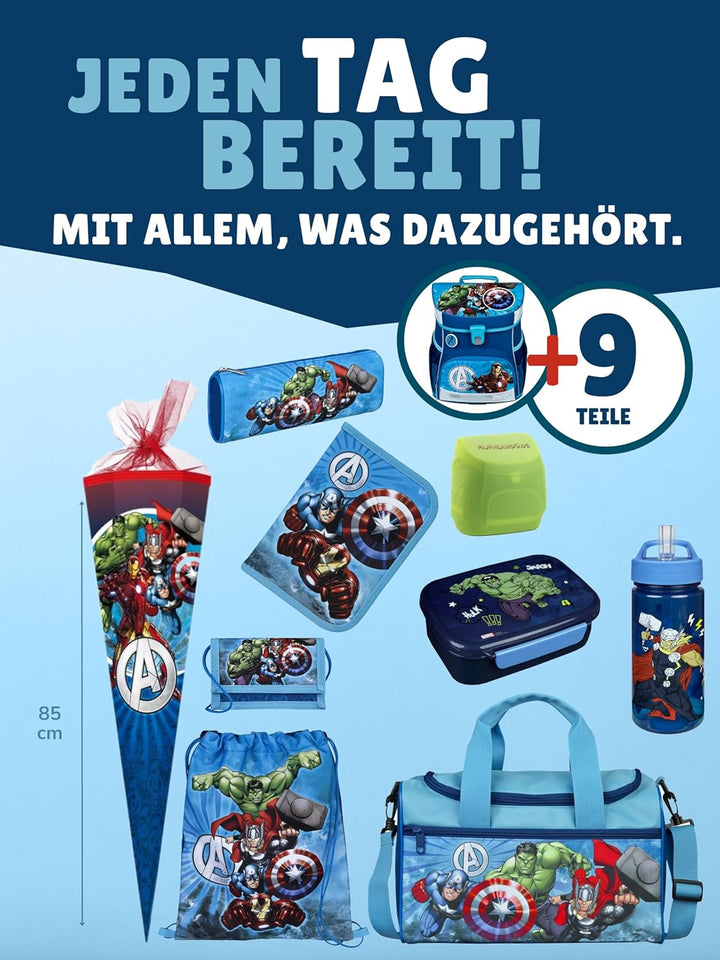 Familando - Scooli Campus Fit Schulranzen Set - 10-teilig mit Schultüte - Marvel Avengers Hell-Blau