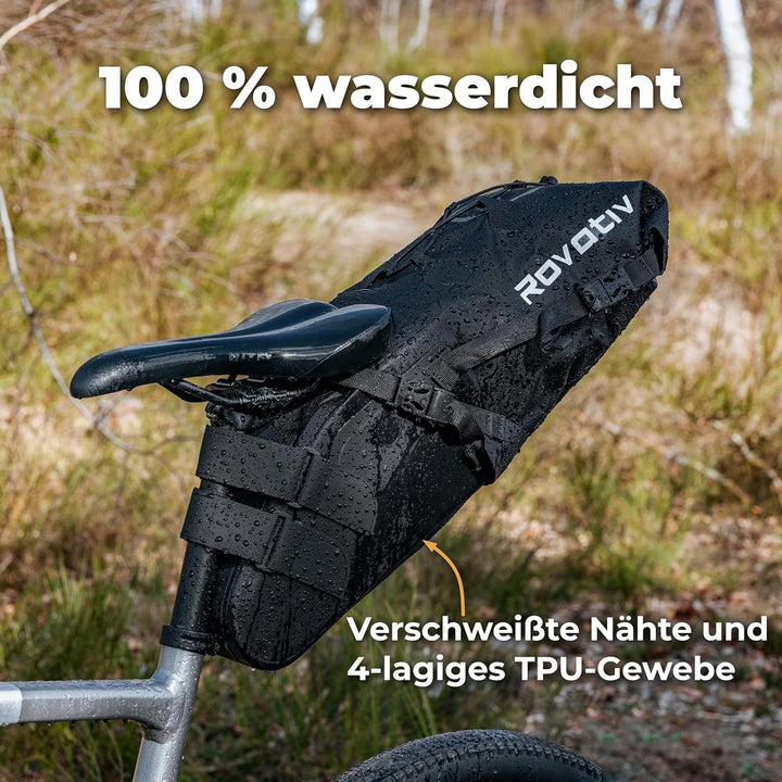 Rovativ® - Bikepacking Satteltasche [10 Liter] 100% Wasserdicht - super Fester Halt - Fahrrad Sattel