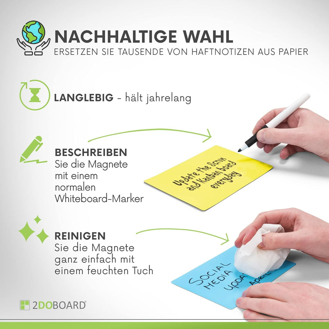 2DOBOARD Scrum und Kanban Board Set für Whiteboard - Beschreibbare Magnete, Magnetlinien, Avatar-, G
