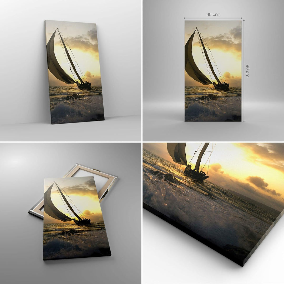 Bilder auf Leinwand Schiff Sonnenuntergang Sonne Landschaft Leinwandbild mit Rahmen 45x80cm Wandbild