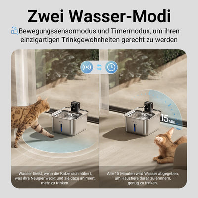 DownyPaws Katzenbrunnen Edelstahl Kabellos, Trinkbrunnen für Katze Edelstahl mit Bewegungsmelder und