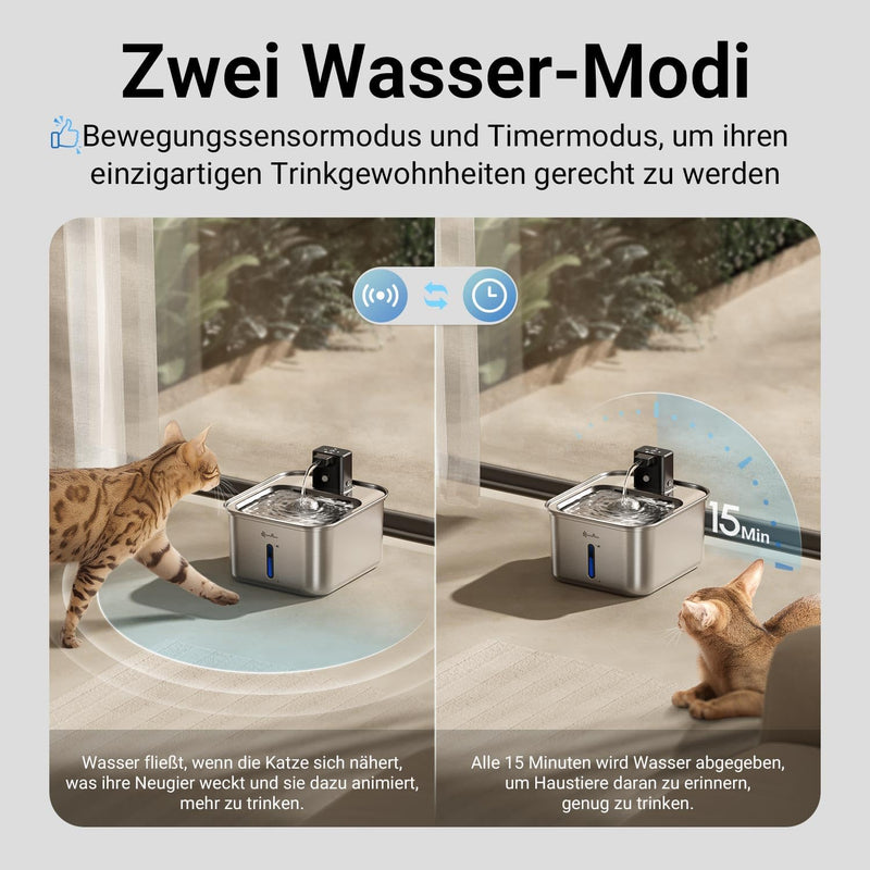 DownyPaws Katzenbrunnen Edelstahl Kabellos, Trinkbrunnen für Katze Edelstahl mit Bewegungsmelder und