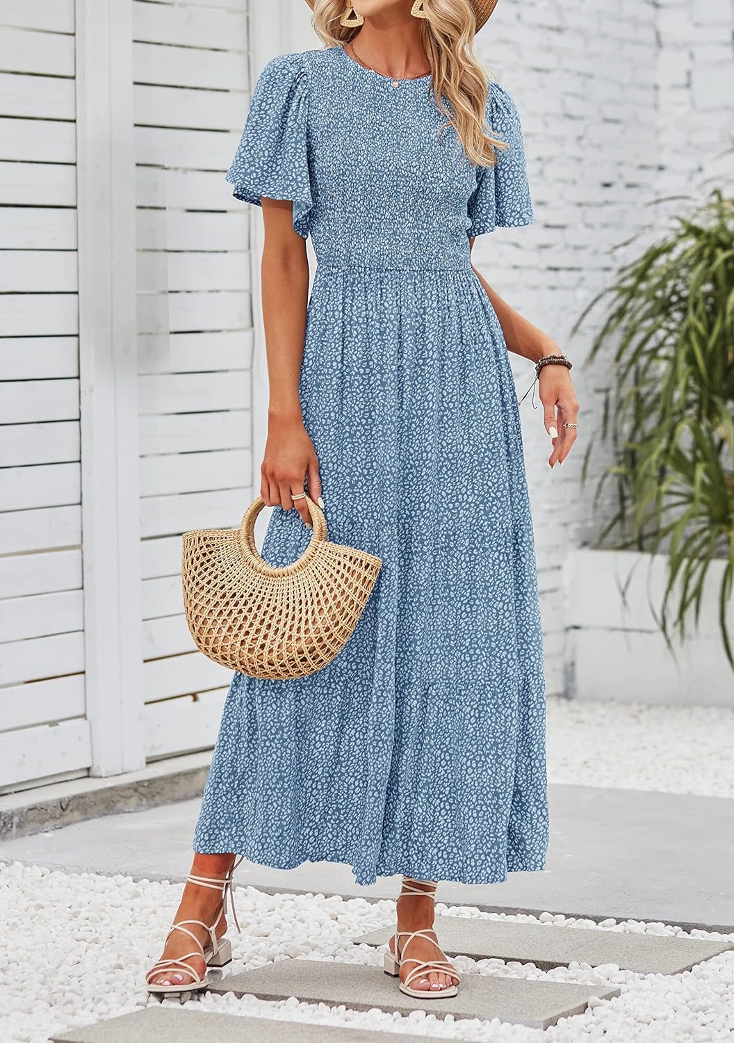 Zesica Damen-Maxikleid, Sommer, lässig, Blumendruck, kurze Flatterärmel, Rundhalsausschnitt, gesmokt