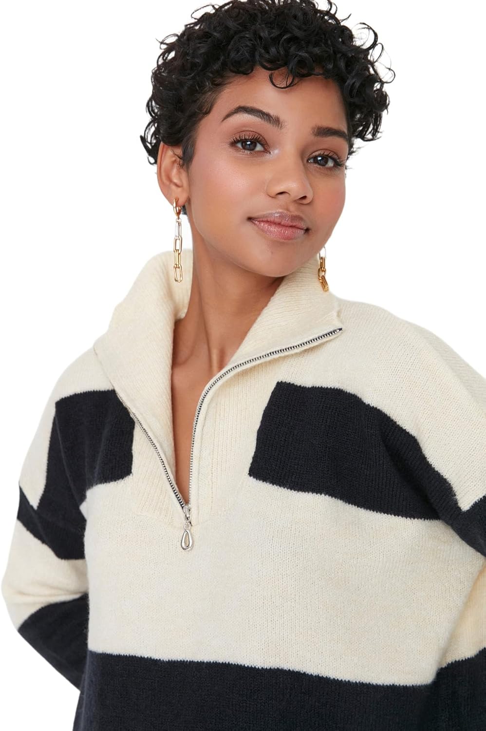 TRENDYOL Damen Stehkragen Gestreift Oversize Sweater Sweatshirt M Grau, M Grau