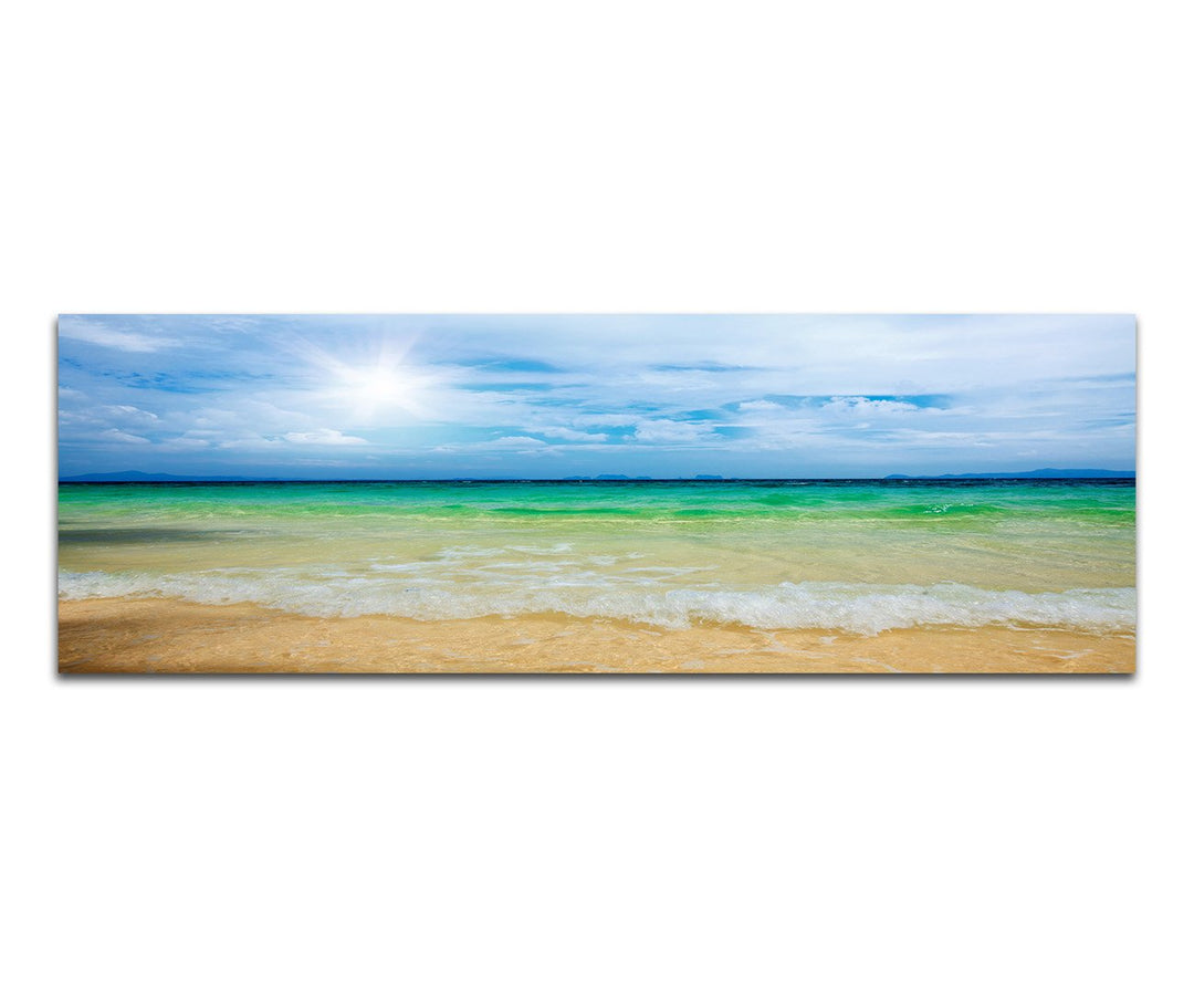 Paul Sinus Art Panoramabild auf Leinwand und Keilrahmen 150x50cm Strand Meer Wolkenschleier Sonne