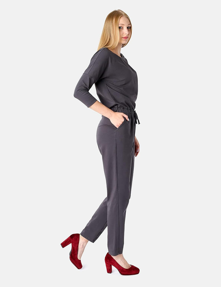Bellivalini Damen Hosenanzug Einteiler Jumpsuit mit Bindegürtel Freizeitanzug BLV50-212 S Graphite,