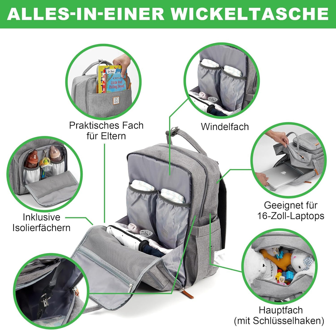 Brisby Wickelrucksack gross - Wickeltasche kinderwagen mit isoliertes Frontfach, Babytasche mit Wick