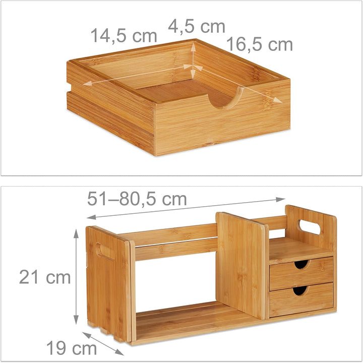 Relaxdays Schreibtisch Organizer Bambus, 2 Schubladen, Bücherregal ausziehbar, Ablage, HxBxT: 21 x 8