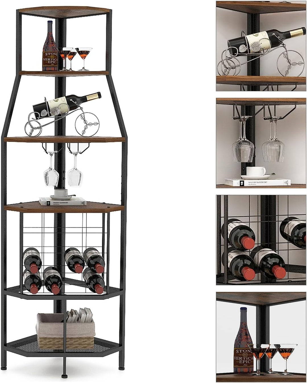 VEDECASA Eck-Weinregal Bodenstehend 5-stöckiges Eck-Barregal mit Glashalter and Weinaufbewahrung ind