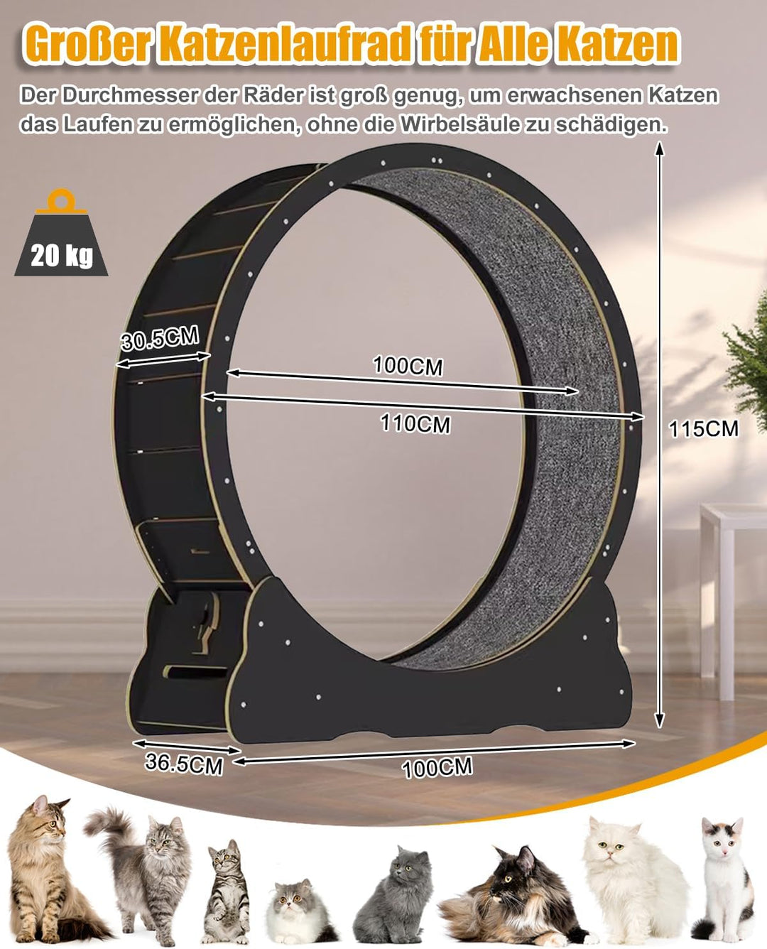 Grosses Katzen-Laufrad 110cm – schwarzes Massivholz-Katzenrad-Trainingsgerät für Indoor-Katzen, Sich