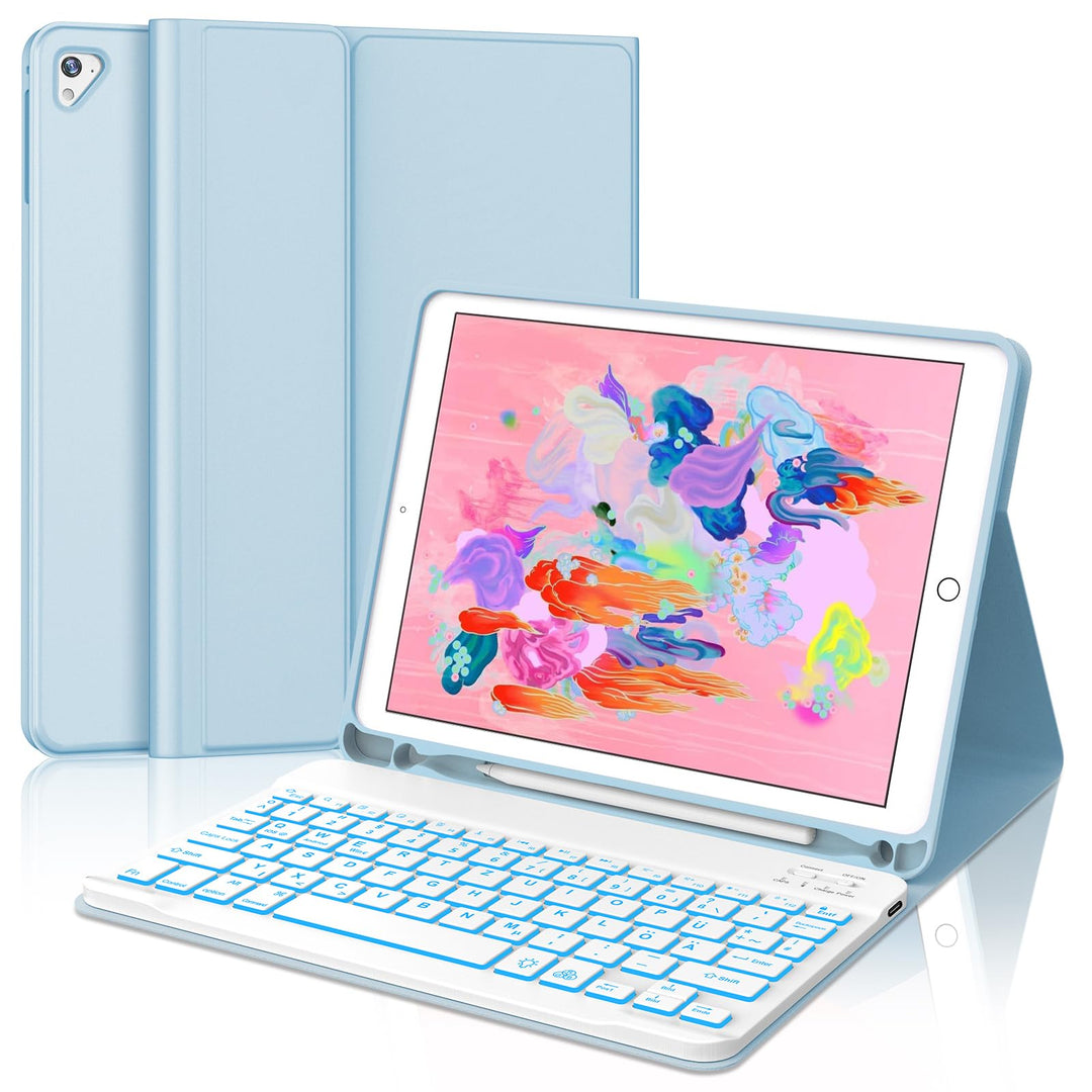 JADEMALL Für iPad Air 2 Tastatur Hülle mit 7-Farben LED, Deutsch QWERTZ Layout, abnehmbare Bluetooth