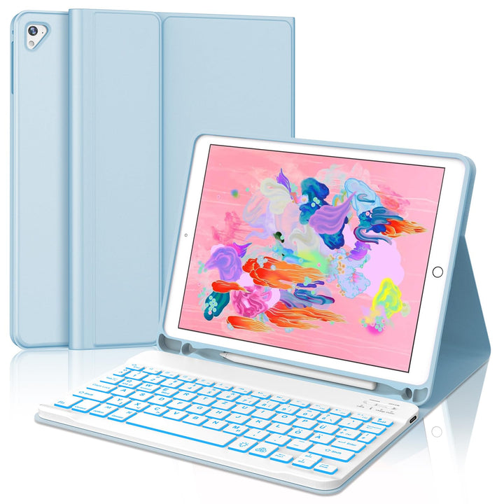 JADEMALL Für iPad Air 2 Tastatur Hülle mit 7-Farben LED, Deutsch QWERTZ Layout, abnehmbare Bluetooth