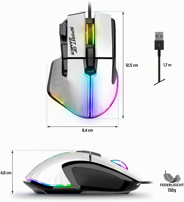 SPIRIT OF GAMER | Weiss Gaming Maus PC mit 12800 DPI | RGB Maus mit 8 Programmierbaren Tasten darunt