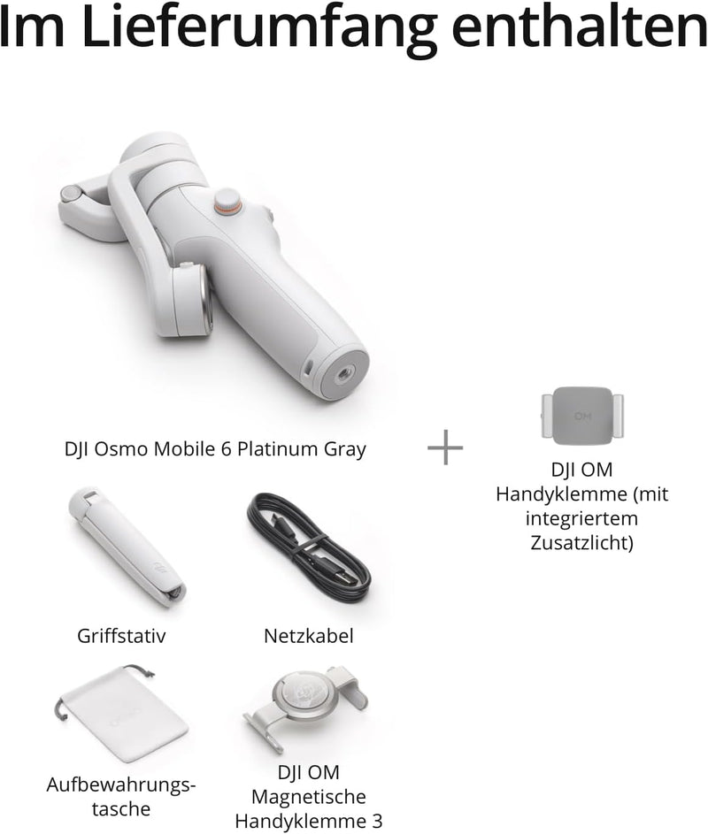 DJI Osmo Mobile 6 Fill Light Combo, 3-Achsen-Handy-Gimbal, integr. Verlängerungsstab, tragbar & falt