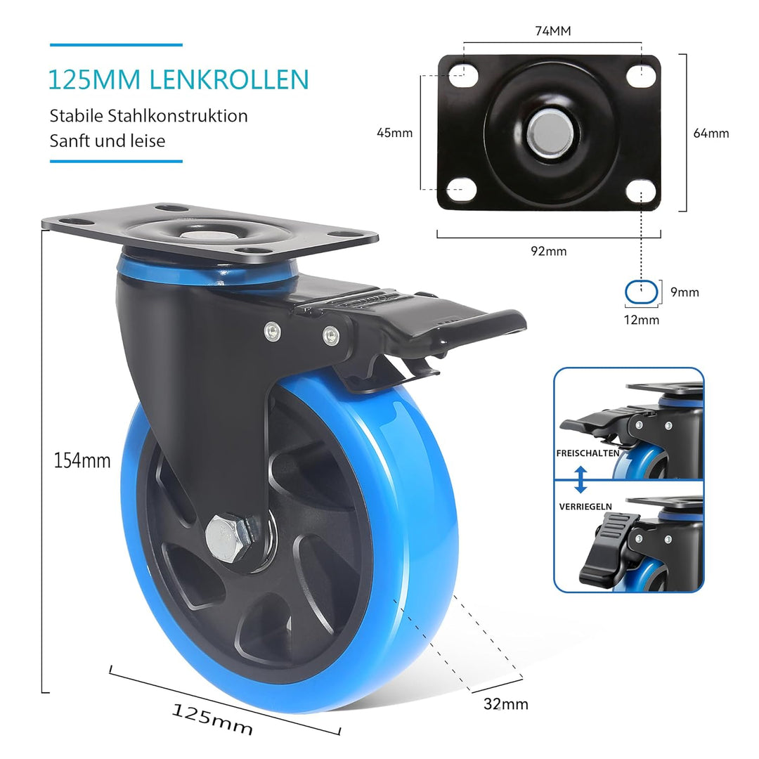 125MM Schwerlastrollen mit Bremse, 4 Stück Lenkrollen für Möbel, 360°Drehbar PU Möbelrollen Transpor