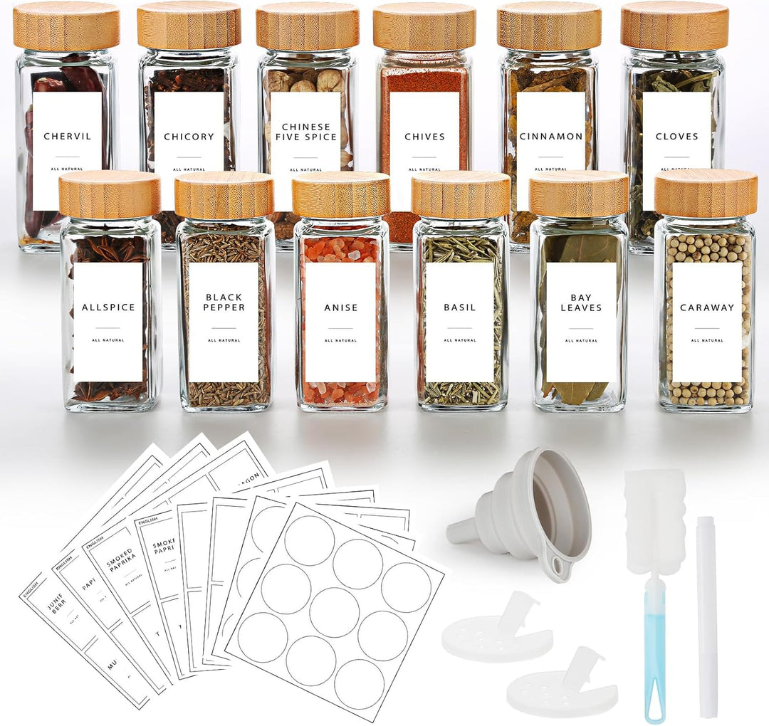 Lannvan Gewürzgläser Eckig Set [12 x 120ml] mit Bambus Deckel, Gewürzdosen mit 246 Etiketten, Gewürz