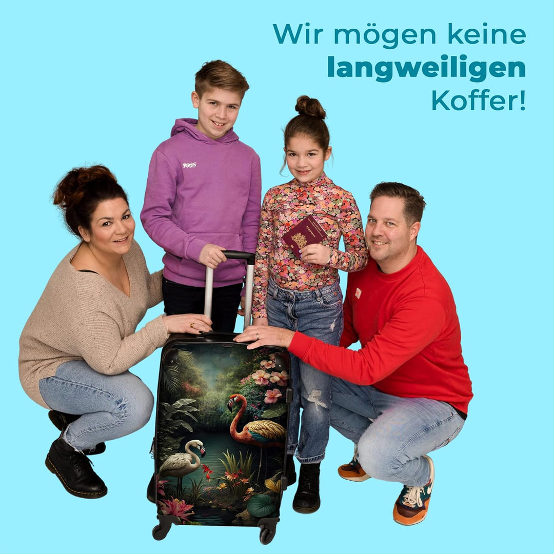 Koffer gross Trolley Rollkoffer Reisekoffer mit 4 Rollen Fotokoffer - Flamingo - Blumen - Dschungel