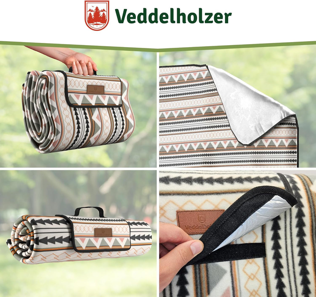 Veddelholzer 200 x 200 cm Boho Picknickdecke wasserdicht, sandfeste Stranddecke XXL isoliert & gepol
