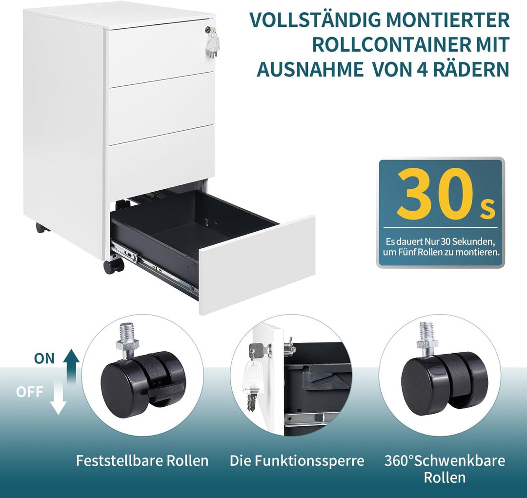 Rollcontainer mit Schubladen, Mobiler Aktenschrank unter Schreibtisch, Abschliessbarer Büroschrank,