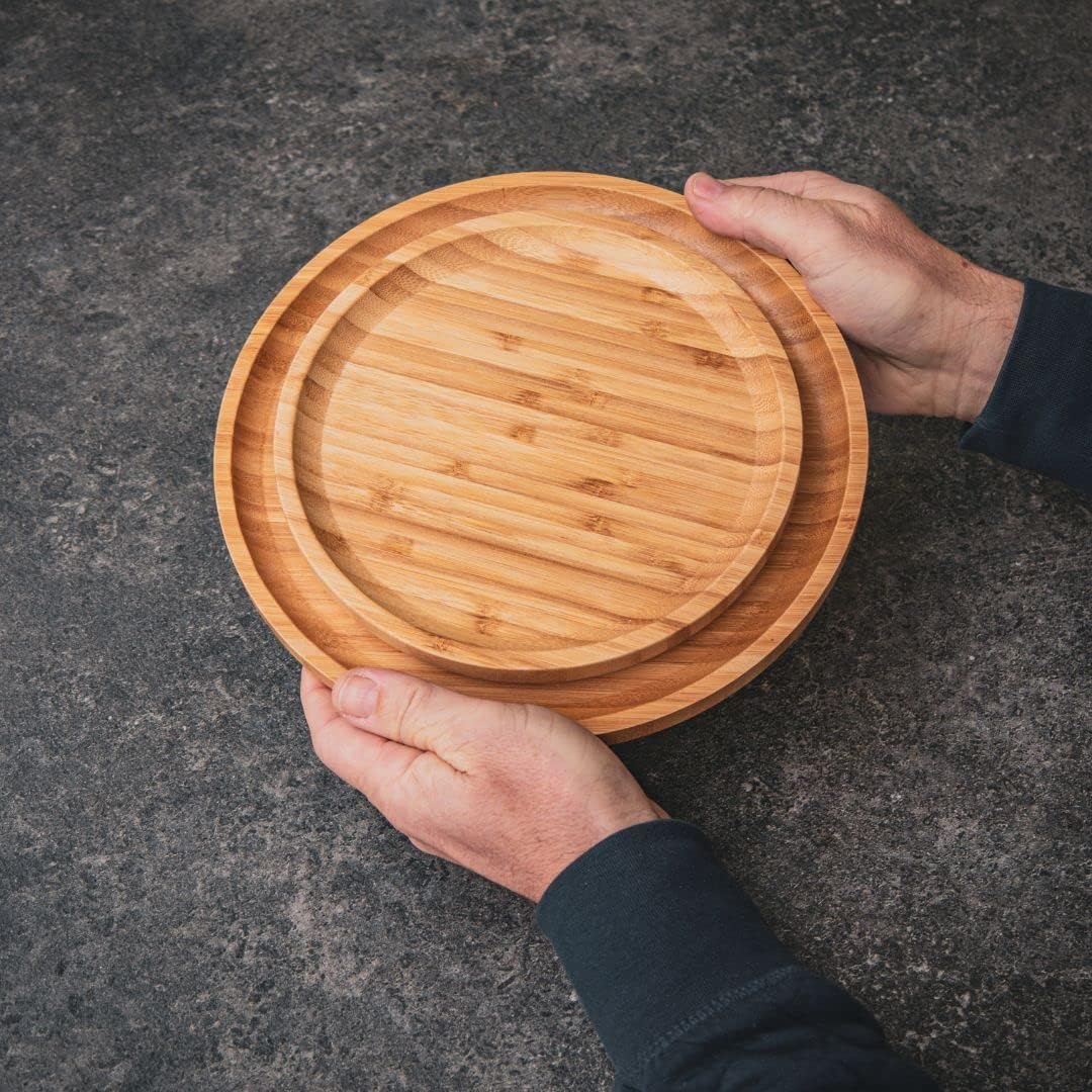 pandoo 100% Bambus Teller | Runde Holzteller, Bamboo Plates, Bambus Deko, Speiseteller, Bambus Gesch