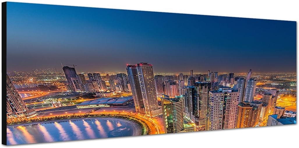 Paul Sinus Art Panoramabild auf Leinwand und Keilrahmen 150x50cm Stadt Skyline Strasse Lichtspuren W