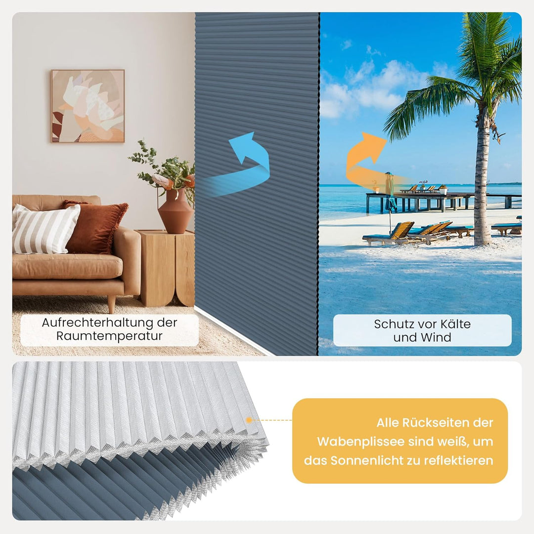 BelleMax Plissee Verdunklung Klemmfix Wabenplissee ohne Bohren Blau-Weiss 80x110cm(BxH), Thermo Verd