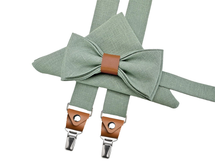 Leinen Accessoires: Fliege mit Leder, Hosenträger mit Leder, Einstecktuch, Manschettenknöpfe für Her