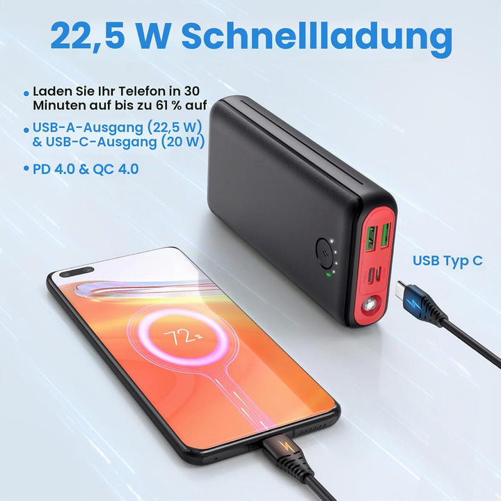 JIGA Powerbank 30000mAh Externer Akku Tragbares Ladegerät USB C Power Bank mit Taschenlampe, 3 Eingä