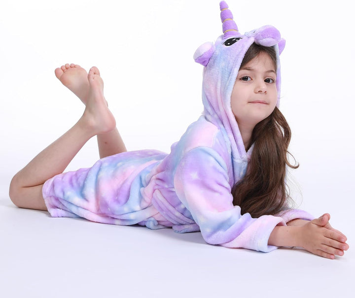Bademantel für Mädchen, Weicher Flanell Schlafanzug mit Kapuze, Warme Kinder Hausbekleidung für 3-11