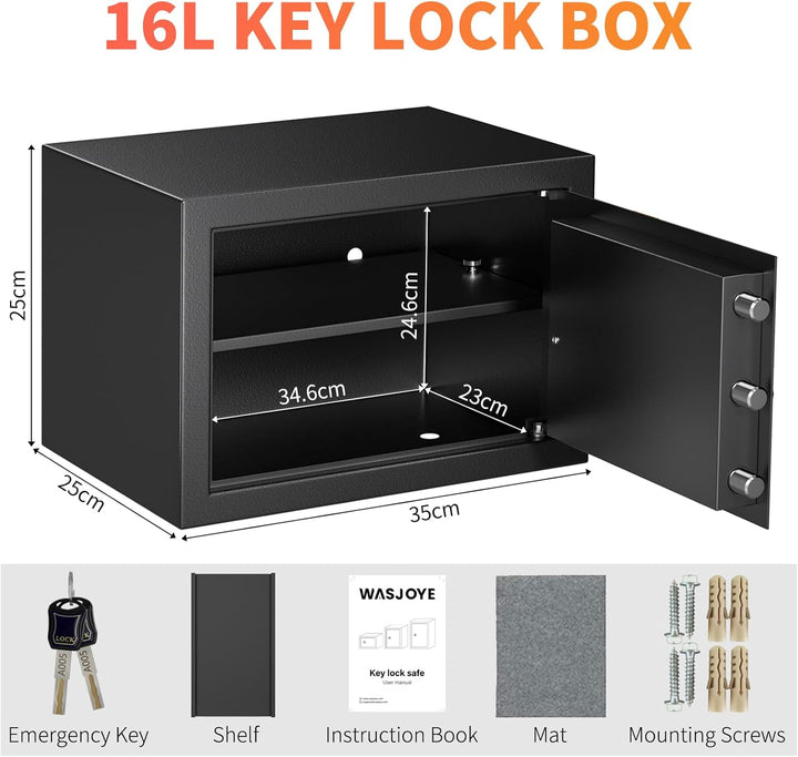 Safe Tresor mit Schlüssel, WASJOYE Möbeltresor mit Schlüssel-Schloss für Zuhause/Büro, 16L Wandtreso