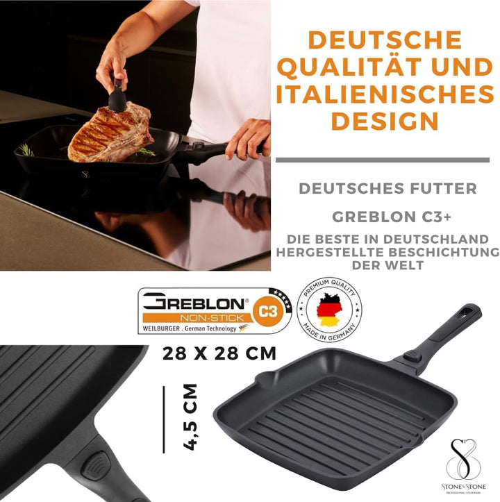 Stone&Stone Quadratische Grillpfanne 28x28 cm | Profi Bistecchiera | Deutsche Antihaftbeschichtung G