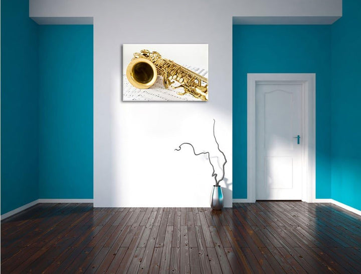 Saxophon auf Notenpapier, Format: 100x70 auf Leinwand, XXL riesige Bilder fertig gerahmt mit Keilrah