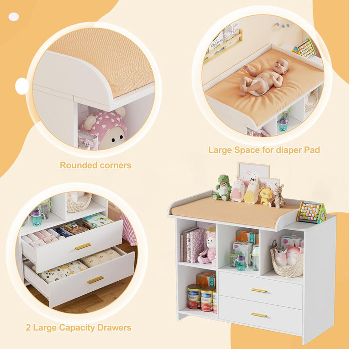 MSFE Wickelkommode Wickeltisch Baby Wickelkommode aus Holz mit abnehmbarem Wickelaufsatz, 2 Schublad