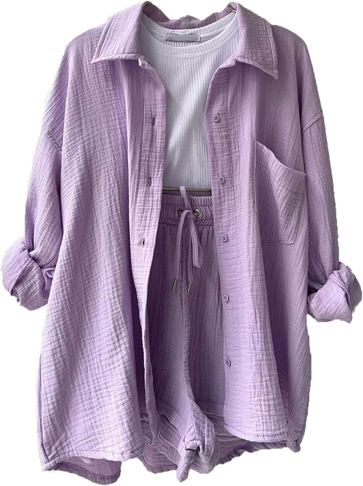 VEVESMUNDO Damen Sommer Musselin Bluse Hemd und Shorts Zweiteiler Set Baumwolle Strand Outfit Set Gr