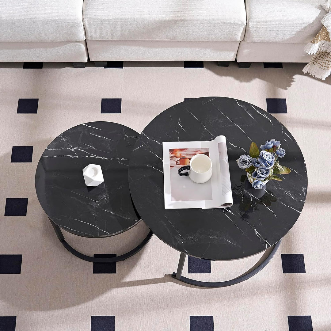 Home Heaven® Couchtisch Rund Schwarz Marmor 2er Set – Runder Wohnzimmertische in Marmor Optik Ø70cm