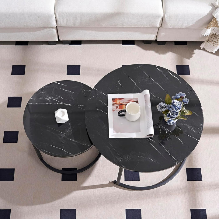 Home Heaven® Couchtisch Rund Schwarz Marmor 2er Set – Runder Wohnzimmertische in Marmor Optik Ø70cm