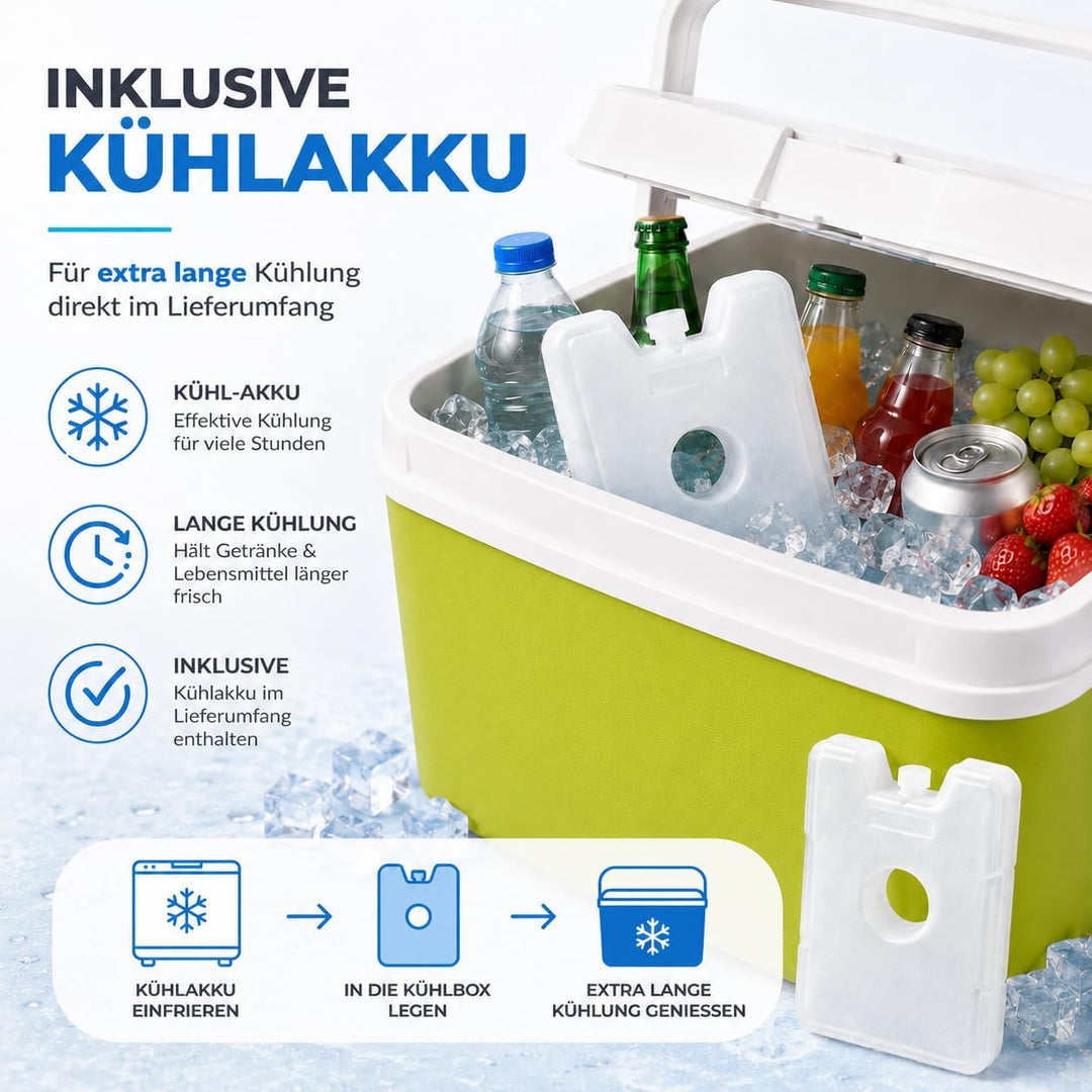 Kühlbox 15 Liter mit mobilen Kühlakku/Kühlelement für extra Lange Kühlung - Kühltasche/Thermobox Grü