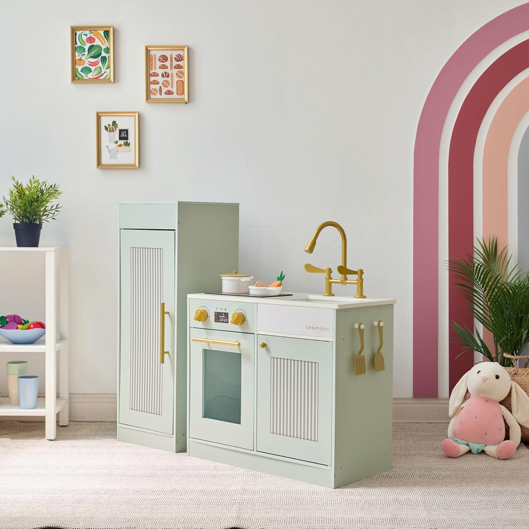 Teamson Kids Little Chef Chester Kinderküche in Grün mit Zubehör, Spielküche für Kinder aus Holz mit