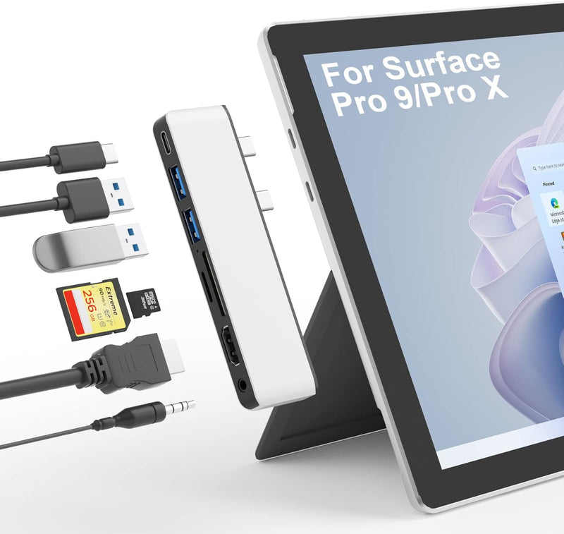 Surface Pro 9 Dockingstation mit 4K HDMI, USB C Thunerbolt 4 (Display+Daten+PD), USB 3.0 * 2, SD/TF