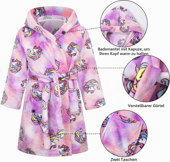 FILOWA Bademantel für Kinder Mädchen Jungen Fleece Kinderbademantel mit Kapuze, Flanell Flauschig Mo