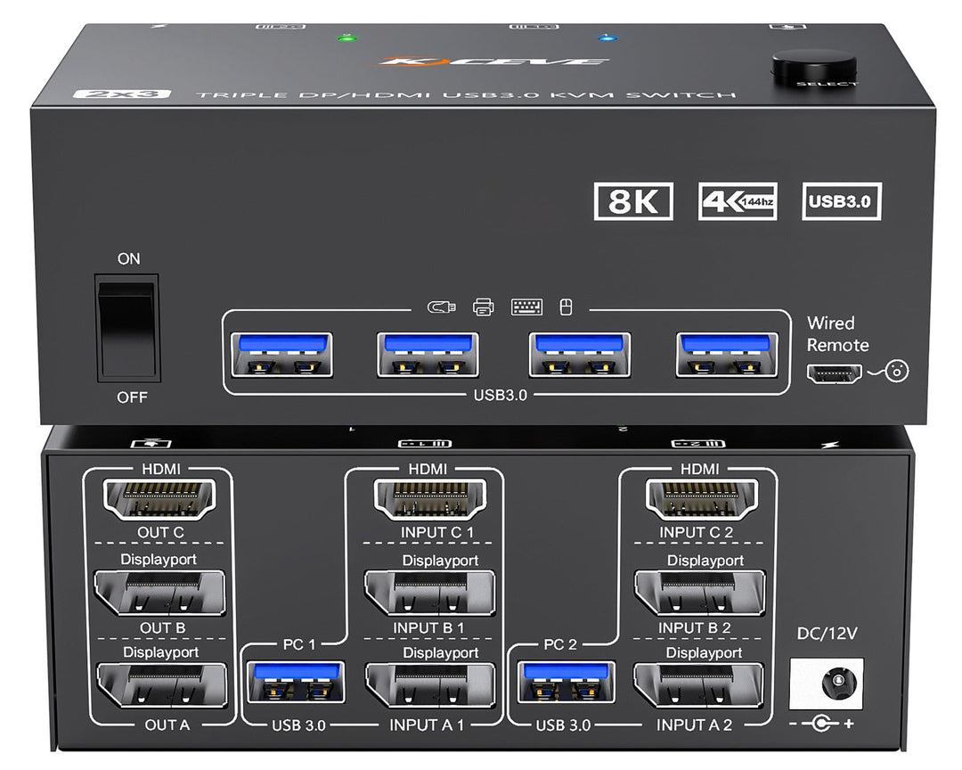 KVM Switch 2 PC 3 Monitore HDMI+2 Displayport 8K@60Hz 4K@144Hz, MLEEDA Triple Monitor KVM Switch für