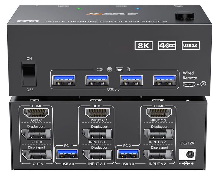 KVM Switch 2 PC 3 Monitore HDMI+2 Displayport 8K@60Hz 4K@144Hz, MLEEDA Triple Monitor KVM Switch für