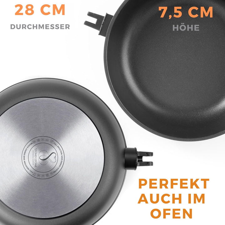 Stone&Stone Tiefe Pfanne 28 cm (7,5 cm hoch) | Hochrandpfanne Induktionspfanne | Deutsche GREBLON C3