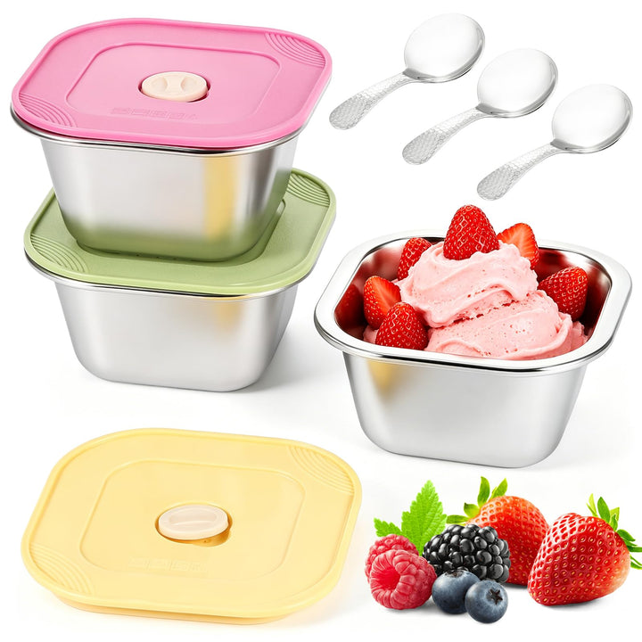 3 Stück Eisbehälter für Speiseeis, 400ml Edelstahl Eisbecher mit Silikondeckeln, Behälter für Eiscre