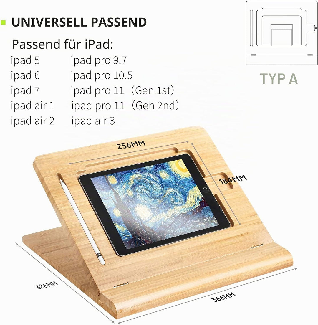 ELETIUO Tablet-Ständer, verstellbar, faltbar, mehrere Winkel, Bambusholz, Organizer, Schreibtischhal