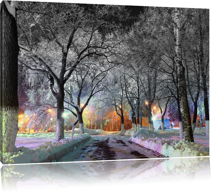 Pixxprint Baumallee im Winter als Leinwandbild/Grösse: 100x70 / Wandbild/Kunstdruck/fertig bespannt,